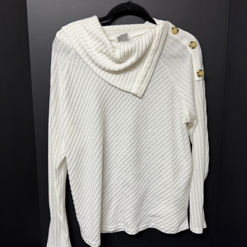 Isela Women's L White Cowl Neck Sweater with Buttons